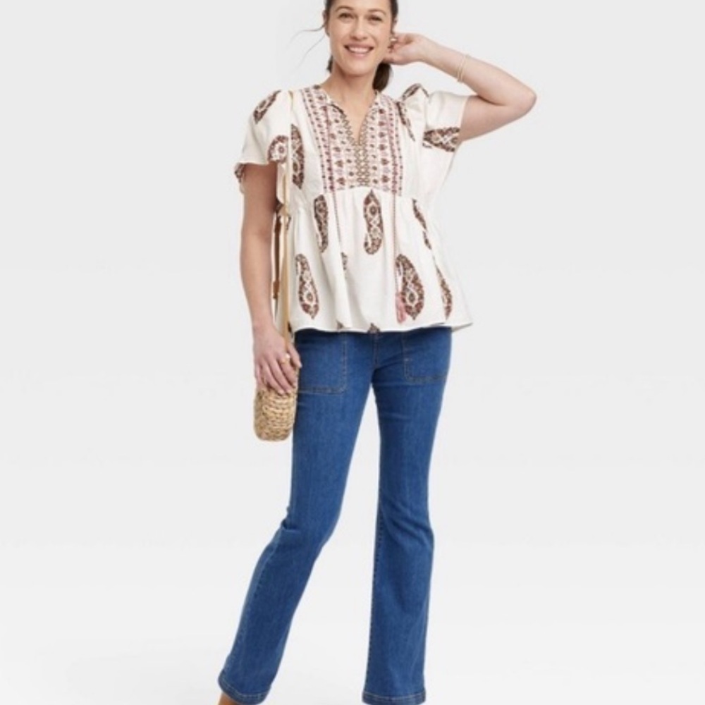 Knox Rose White Paisley Print Flutter Sleeve Tassel Boho Blouse S - Picture 2 of 6